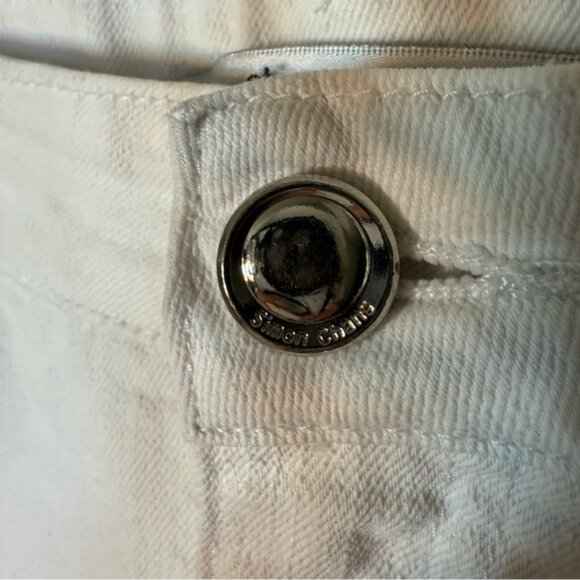 SIMON CHANG Straight Leg White Denim Jeans Embroidered Pockets Cigarette Pants - Picture 6 of 16